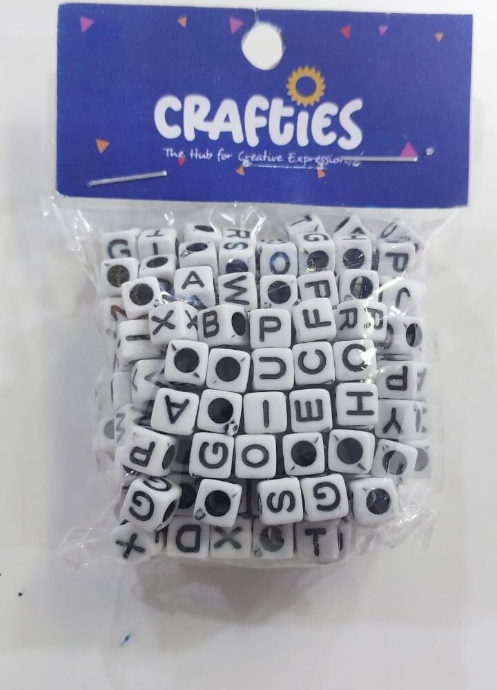 6MM SQUARE WHITE WITH BLACK ALPHABET BEADS 30G APPROX